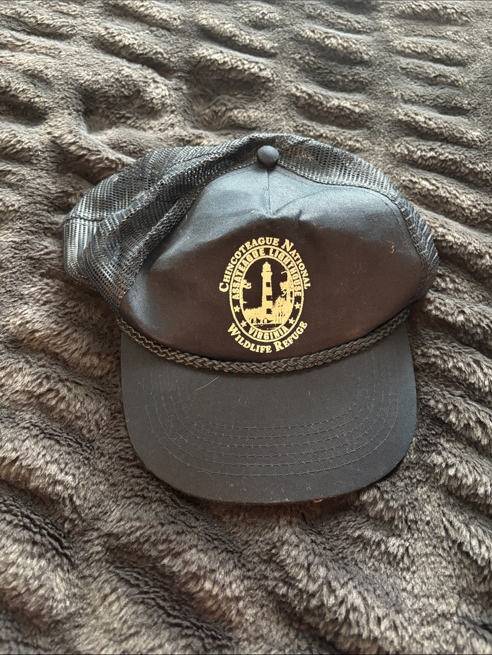 Chincoteague Island, Virginia Wildlife Refuge Black Trucker Hat with Gold Logo